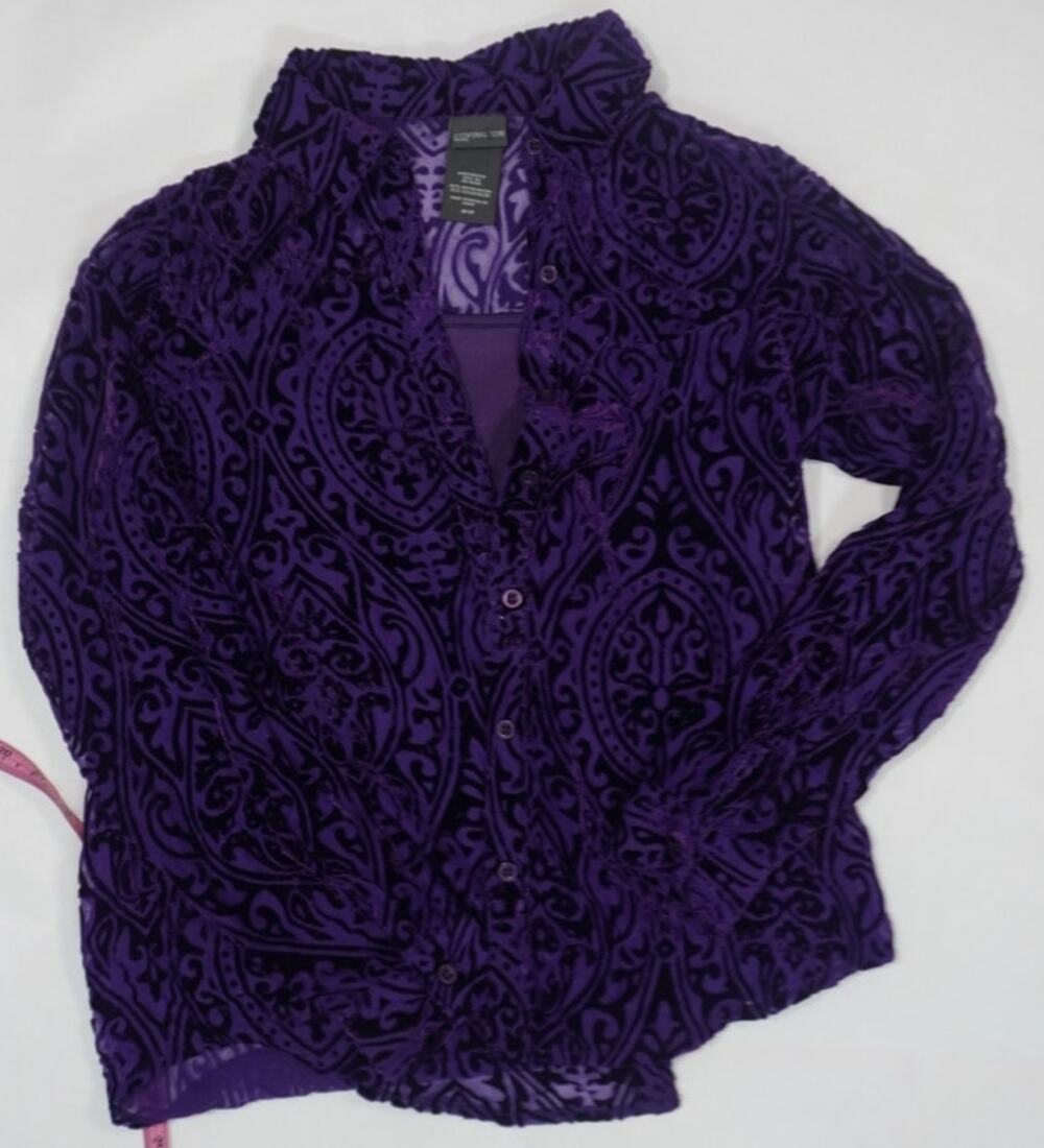 Covington Petite Purple Velvet Burnout Paisley Sheer Blouse 12P